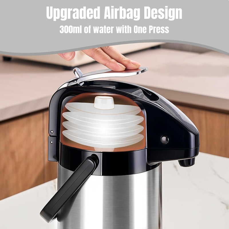 Ratrabas Upgraded Airpot Coffee Carafe with Double Pump - 84oz/2.5L Coffee Carafe for Keeping Hot, Beverage Dispenser for Hot/Cold Beverage (1, Stainless Steel Color) - Image 4
